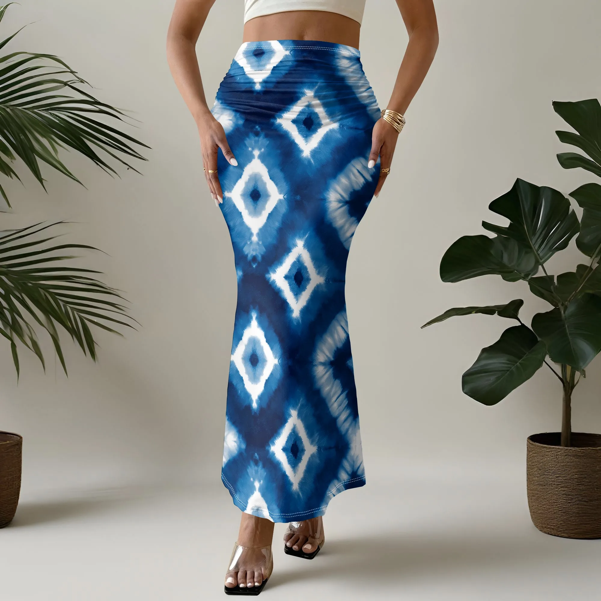 Tie Dye Fish Tail Skirt, Blue Diamond Print Maxi Skirt, Elastic Waist Long Skirt, Beach Summer Wear for Women, S-2XL