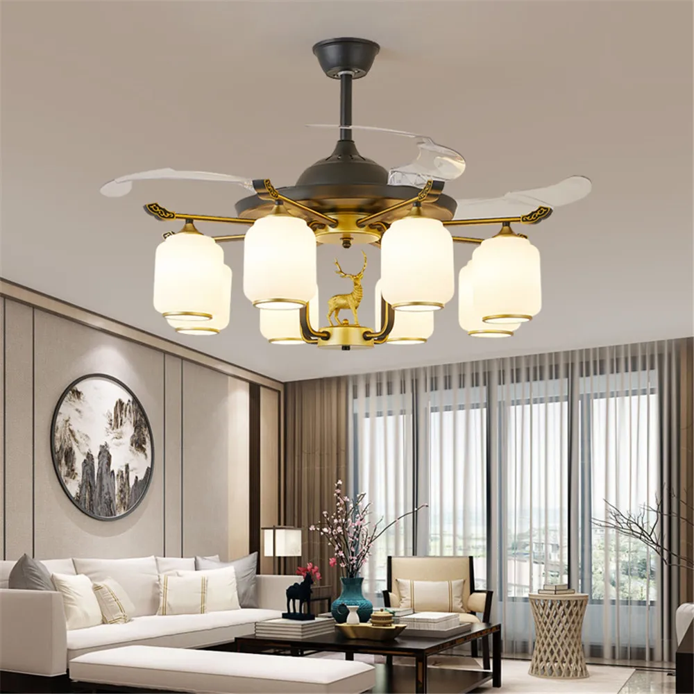 Modern Stealth Ceiling Fan With Light LED Luxury Ceiling Fan Lighting for Restaurants Living Room Remote Electric Fan Lights