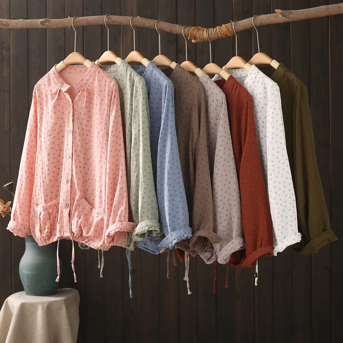 

Блузки с принтом из 100% хлопка для женщин, осенние рубашки в японском стиле с длинными рукавами и винтажным принтом, пальто, женская одежда среднего возраста