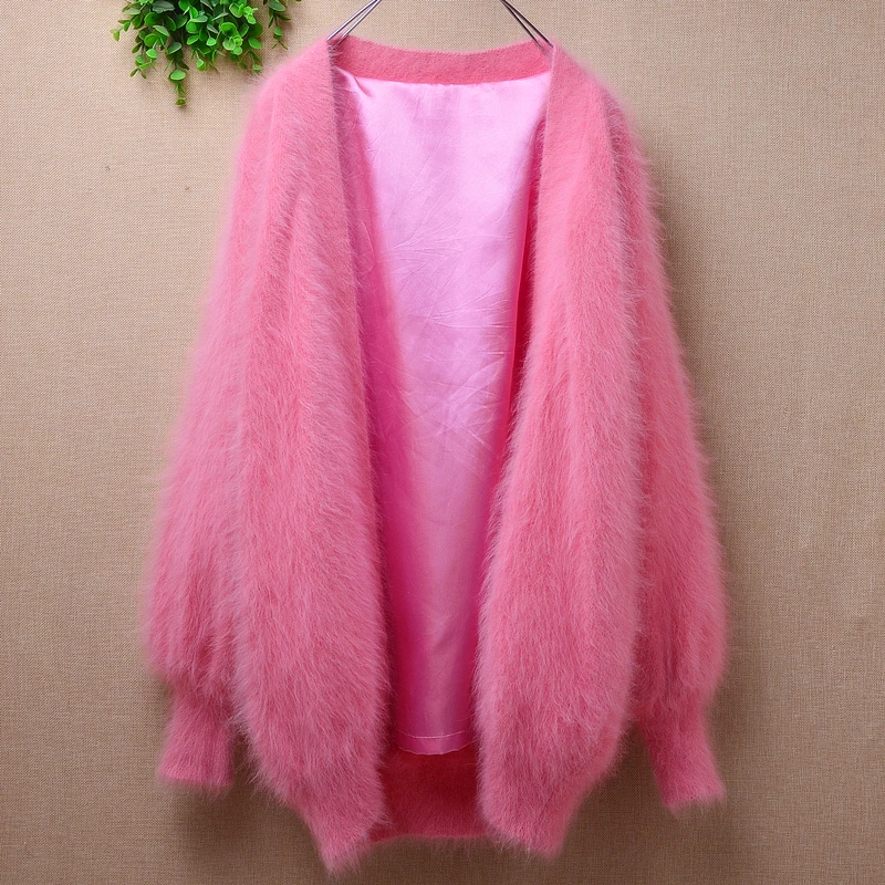 

ladies women autumn winter sweet pink mink cashmere knitted long lantern sleeves slim cardigan angora fur jacket coat sweater