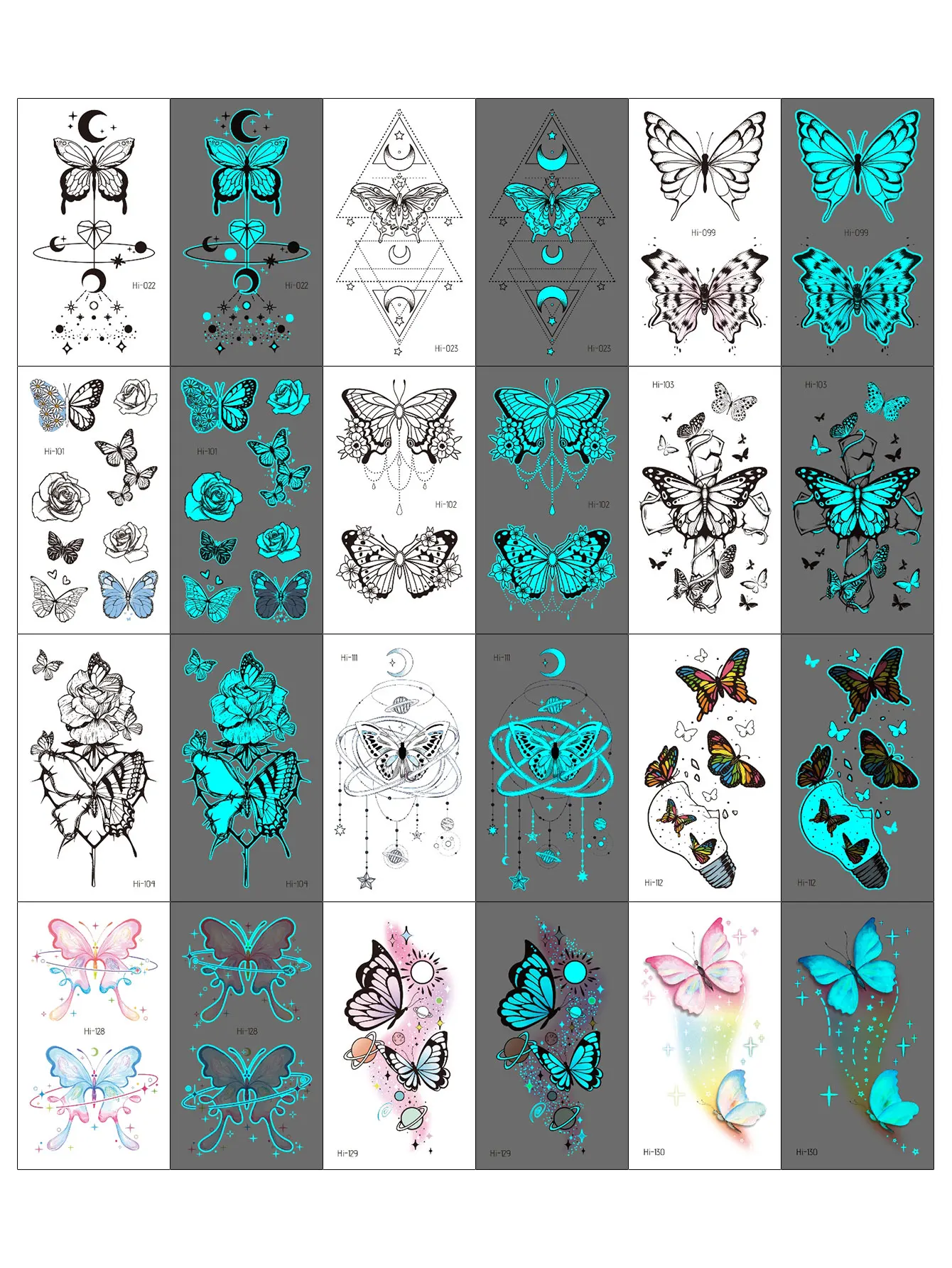 

12 листов светящиеся наклейки татуировка на шею и руке с бабочками дизайн татуировки для тела временные водонепроницаемые светящиеся татуировки для взрослых