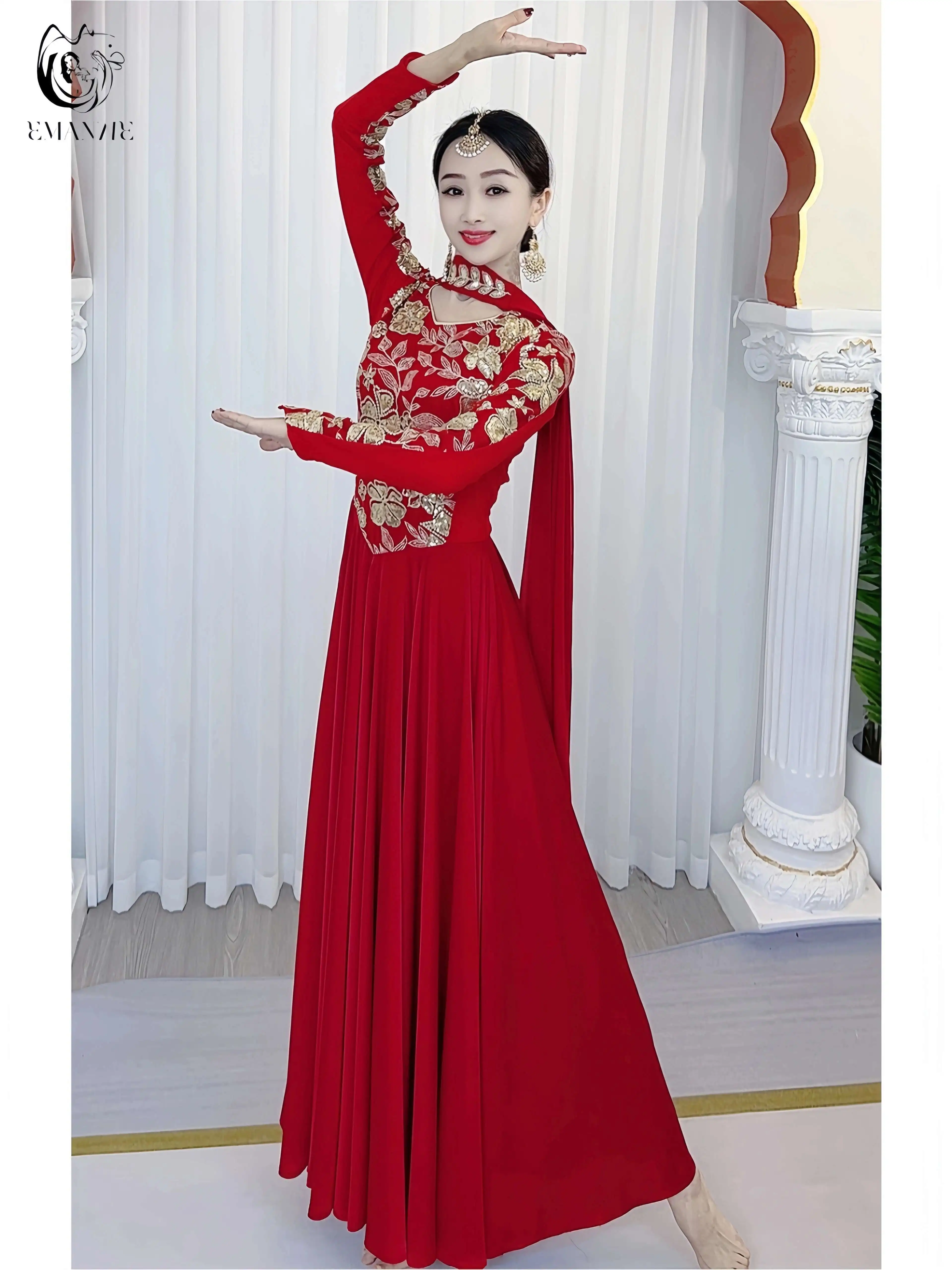 Ropa exótica de danza de Xinjiang, vestido, ropa de mujer, falda bordada, traje de baile, falda grande, dobladillo, trajes chinos largos para niños