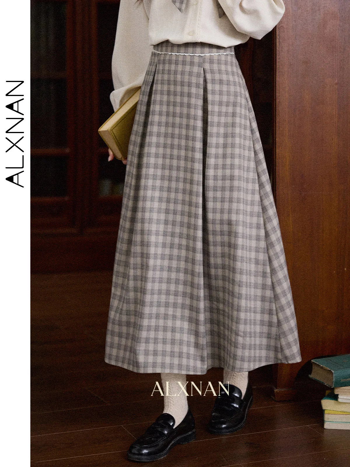 

ALXNAN Women's Skirt Vintage Plaid High-waist Elegant Pleated Skirts 2025 Autumn Long A-line Casual Office Lady Clothing L56986