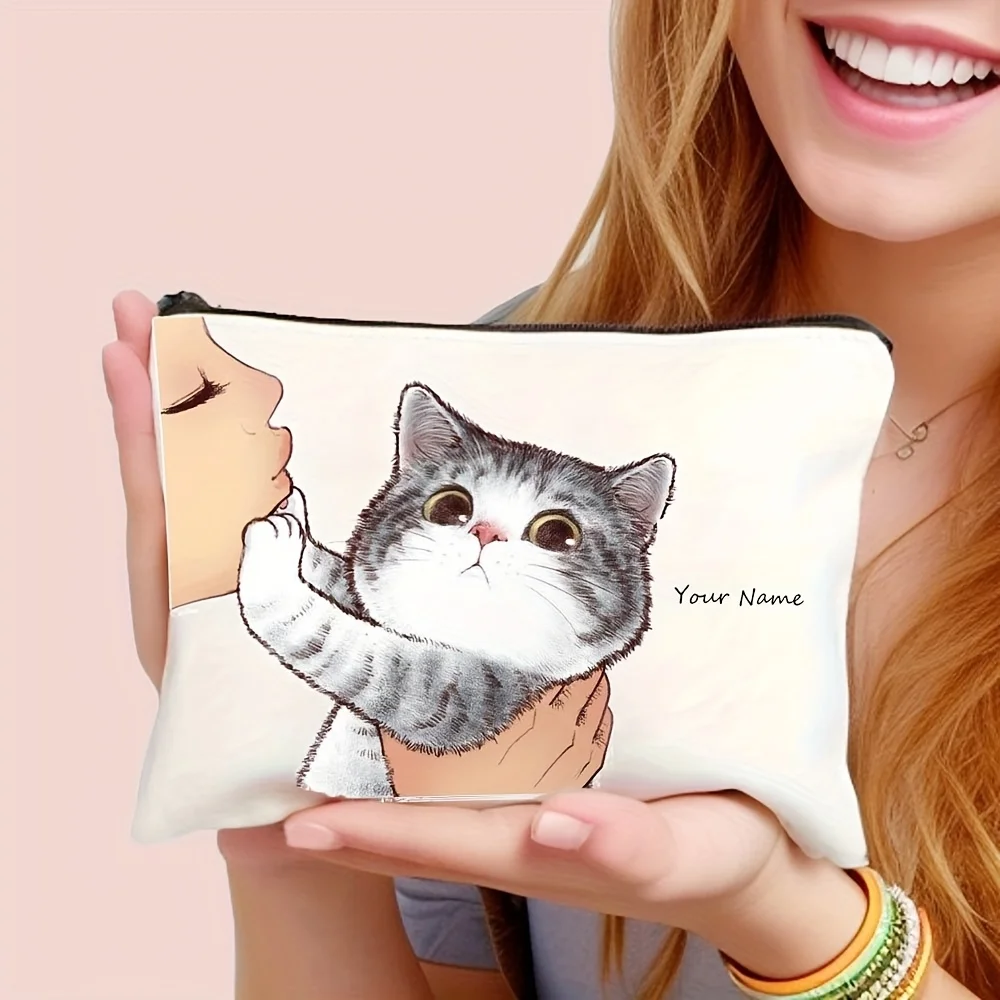 Custom Name Cute Relaxed Cat Girl Themed Design Elements Handheld Makeup Bag Women's Multi Functional Lightweight Storage Bag