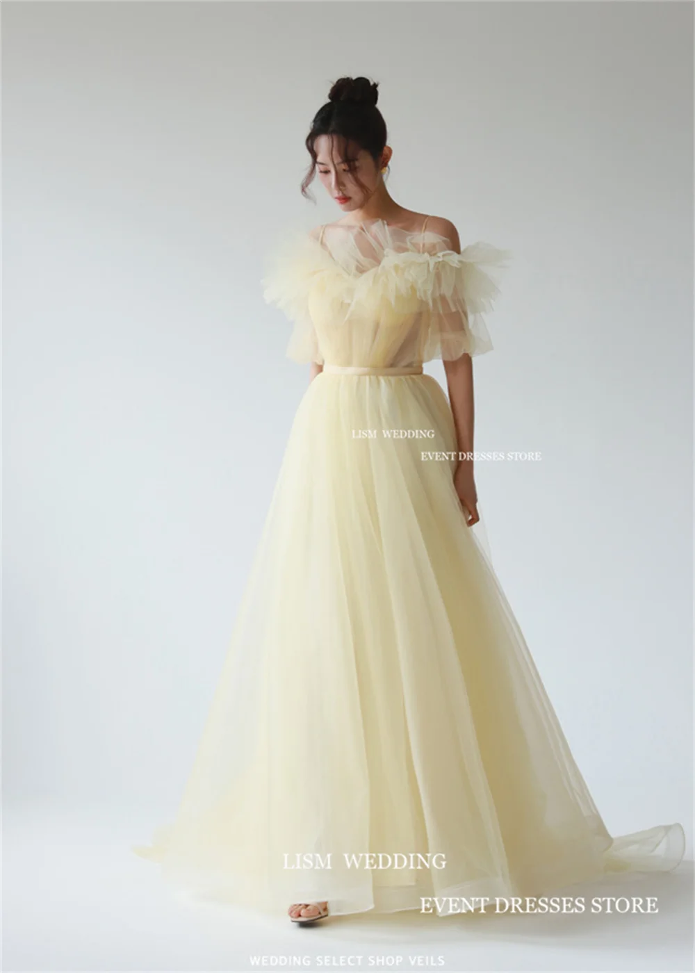 LISM Fairy Tulle Korea gaun Prom tali Spaghetti pemotretan A-Line gaun Formal untuk acara spesial buatan khusus