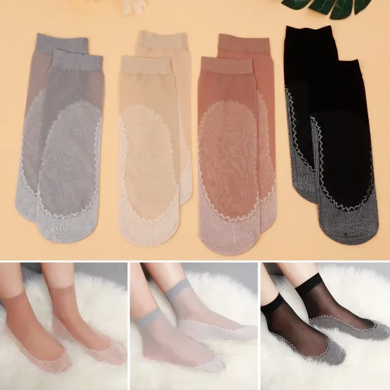 1/5/10 Pasang Kaus Kaki Renda Ultratipis Kaus Kaki Sutra Sejuk Musim Panas Wanita Jaring Wanita Elastis Anti-selip Bawah Sambungan Pergelangan Kaki Pendek Sox