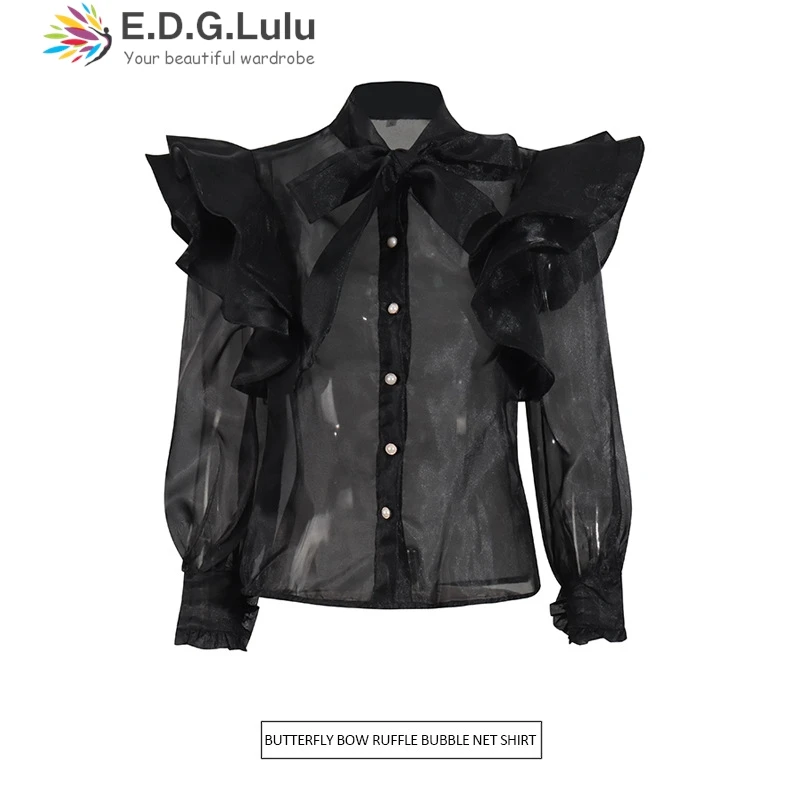 EDGLuLu 2025 Spring Design Scallop Long Sleeves Mesh Shirt Woman Top Korean Single Breasted Casual Black Organza Blouse New 1217