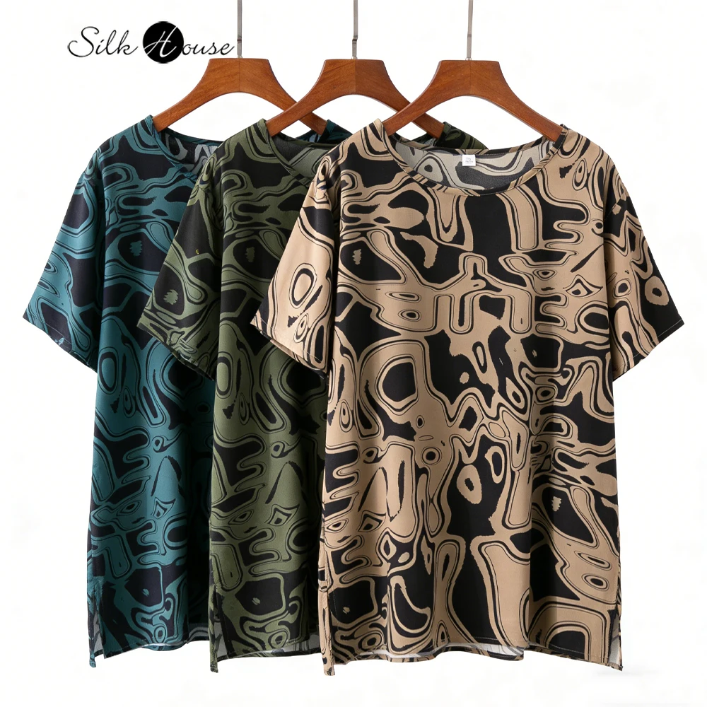 

Women's Casual Summer New 92% Natural Mulberry Silk Elastic Double Qiao Satin Round Neck Short Sleeved Printed Loose T-shirt
