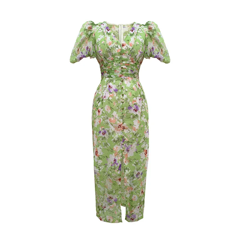 夏の新作レディース優しい風バブルスリーブグリーン花柄ワンピース初恋甘いロングスカート