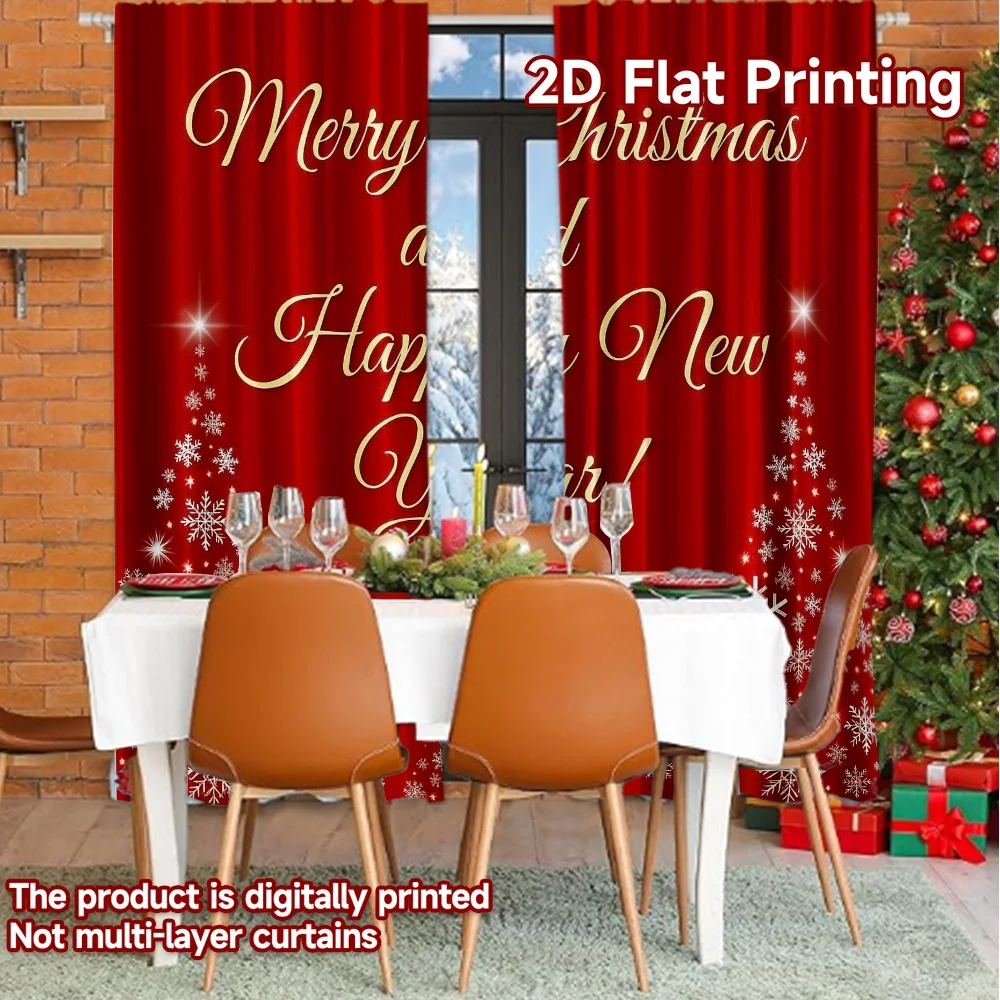 قطعتان من ستائر الطباعة المسطحة ثنائية الأبعاد (بدون قضيب) هتاف احتفالي (1) ستائر عطلة عيد الميلاد مع طباعة رقمية شبه شفافة