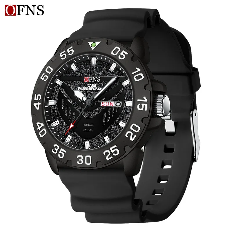 OFNS 1308 남성용 쿼츠 시계, 듀얼 캘린더, 클래식 심플 방수 실리콘 스트랩 손목시계, 학생 생일 선물