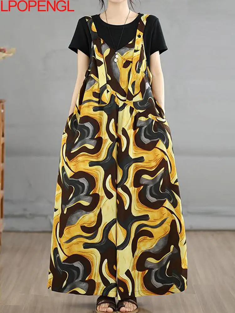 2026 New Fashion Women Retro Summer Loose Casual V-neck Overalls Wide Leg Jumpsuit Thin Comfortable Oversize One-piece Pants