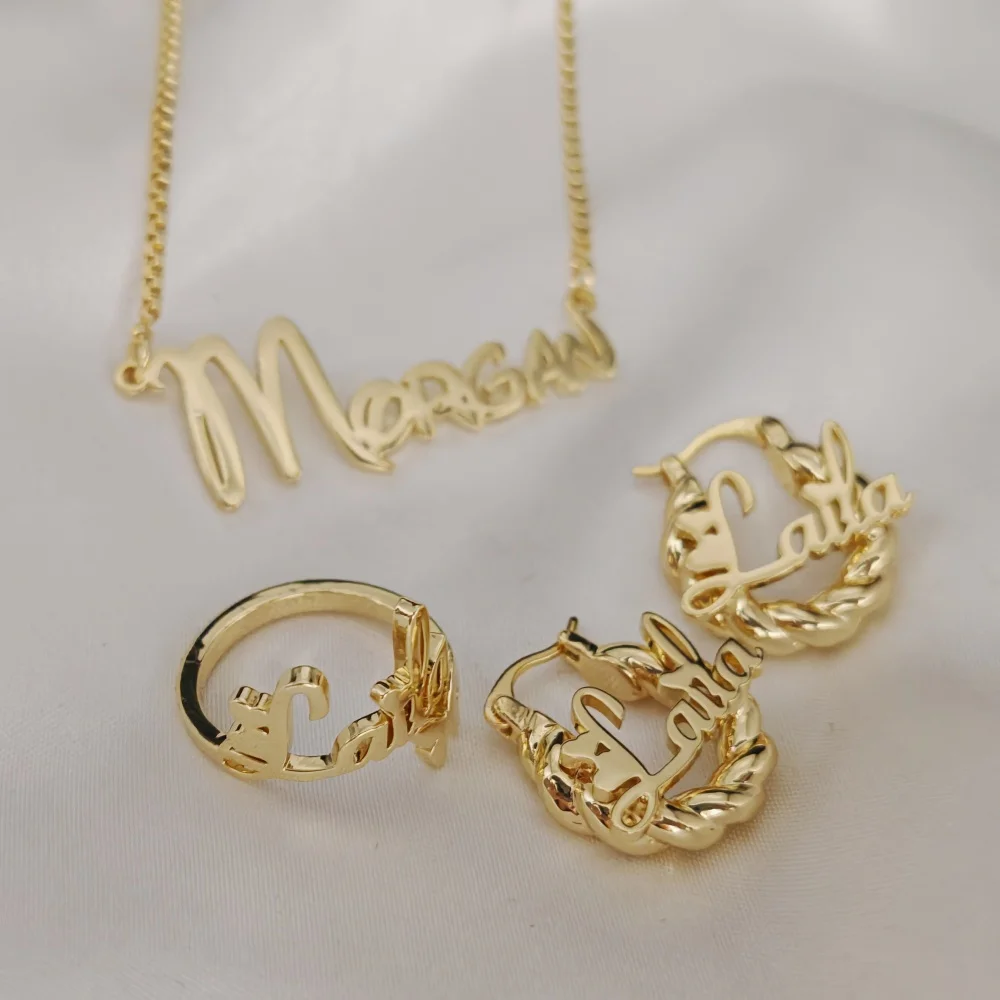 LeeChee 3Pcs Set For Girls Custom Name Twist Hoop Earrings Cuff Butterfly Letter Rings Box Chain Necklace Jewelry Gift