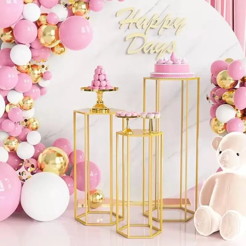 3PCS Gold Cylinder Pedestal Stands Set 6-Sided Display Storage Rack for Party Flowers Columns Tables  Vases Birthday Party