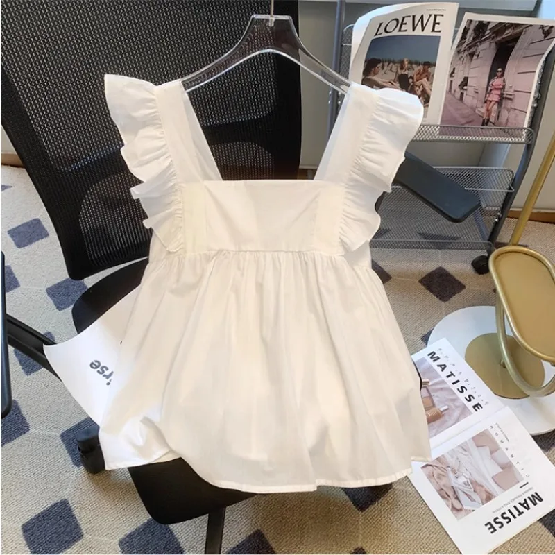 Neploe Elegant Sweet Square Collar White Blouses 2024 New Ruffles Flying Sleeve Shirts Summer Backless Bow Vest for Women