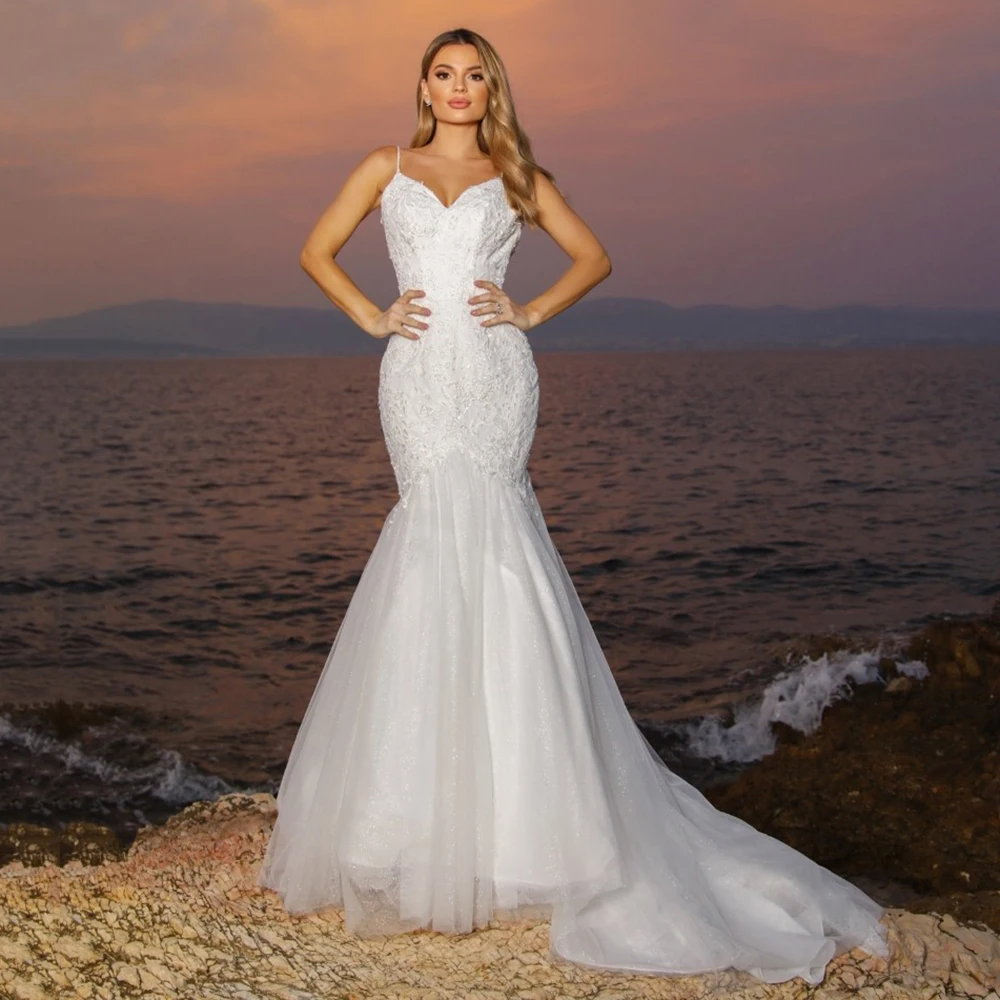럭셔리 브이넥 머메이드 웨딩드레스 백리스 레이스 아플리케 스파게티 스트랩 신부 드레스 맞춤 제작