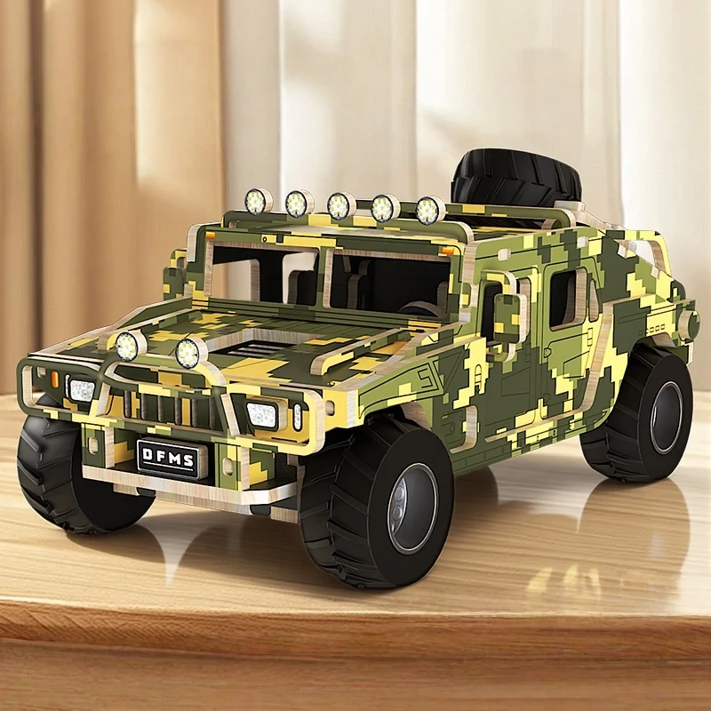

Green and yellow wooden vehicle assembly kit, wooden vehicle model ornament, suitable for collection, display, and gifting.