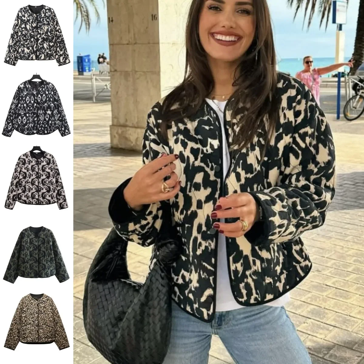 

LIBIELIY Women's Elegant Fashion Animal Print Loose Edition Vintage Crewneck Cotton-padded Jacket Multi-color Option
