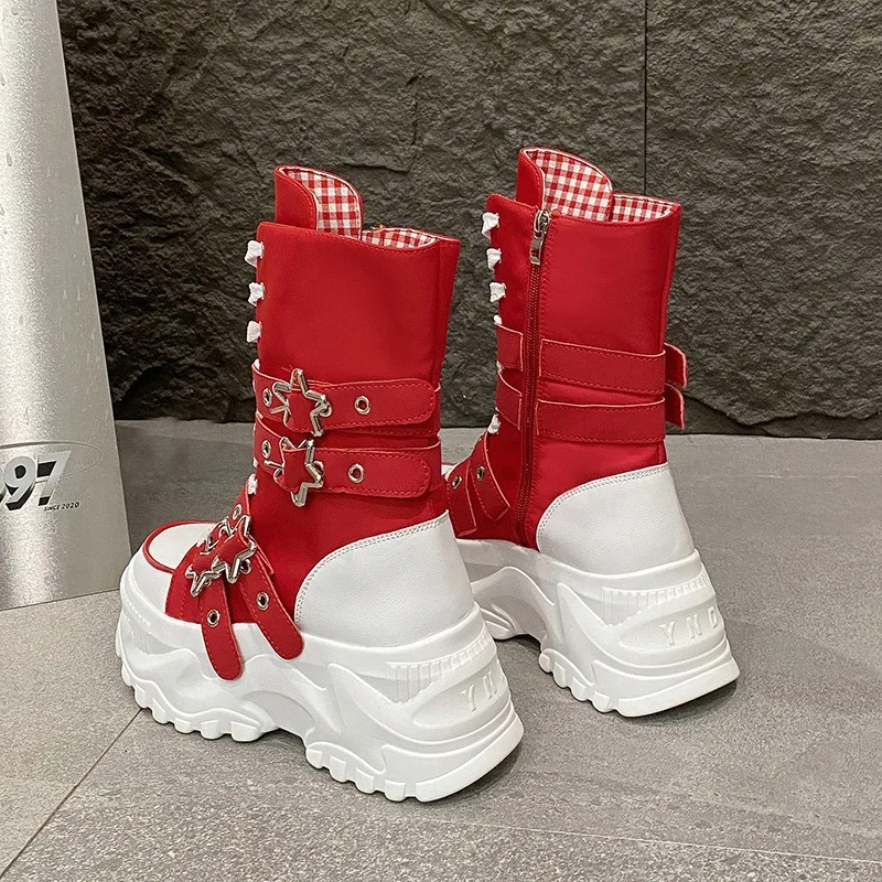 Women's Platform Combat Boots Gothic Star Buckle Mid-calf Boots Lace-up Thick Sole Motorcycle Boots Black/red/yellow/white view 2