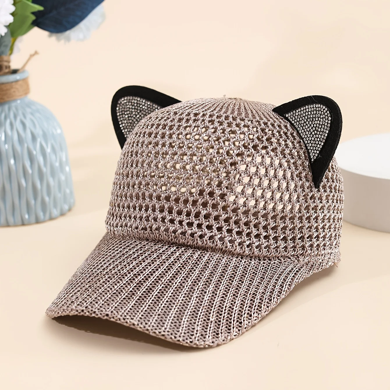 Mesh-Accent Cat-Ear Baseball Cap — Cute & Trendy Women's Summer Hat featuring a Lightweight, Breathable, and Openwork Design