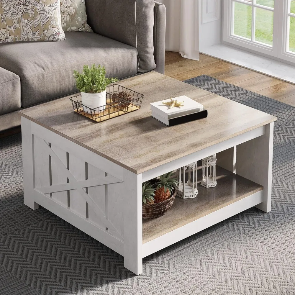 

Rustic Farmhouse Style Square Coffee Table with Storage for Living Room and Meetings