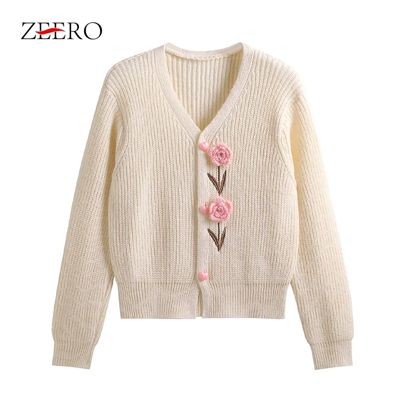 Autumn Spring Women Loose 3D Flower Embroidery V Neck Knitted Cropped Cardigan Mujer Female Sweet Pink Sweater Jacket Y2k Tops