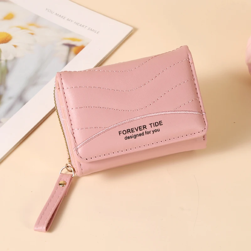 Women Trifold Short Wallet PU Leather Stitching Card Holder Multi‑Card Slots Zipper Coin Purse Small Portable Student Ladies Min