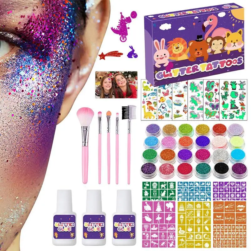 

Glitter Tattoo Template Kits Temporary Tattoo Sticker Sparkling Powder Set 24 Color Face Body Painting Art Body Glitter Powder