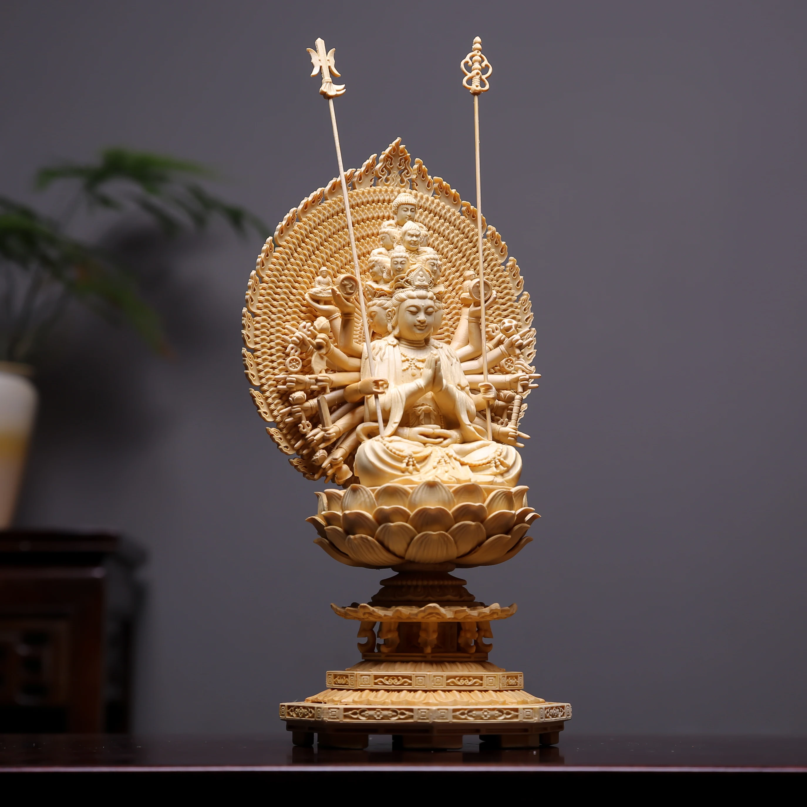 Hinoki Cypress Wood Hand Carved Eleven-Head Thousand-Hand Kuan Yin Guan Yin Bodhisattva Statue Figurine Ornament for Home Temple