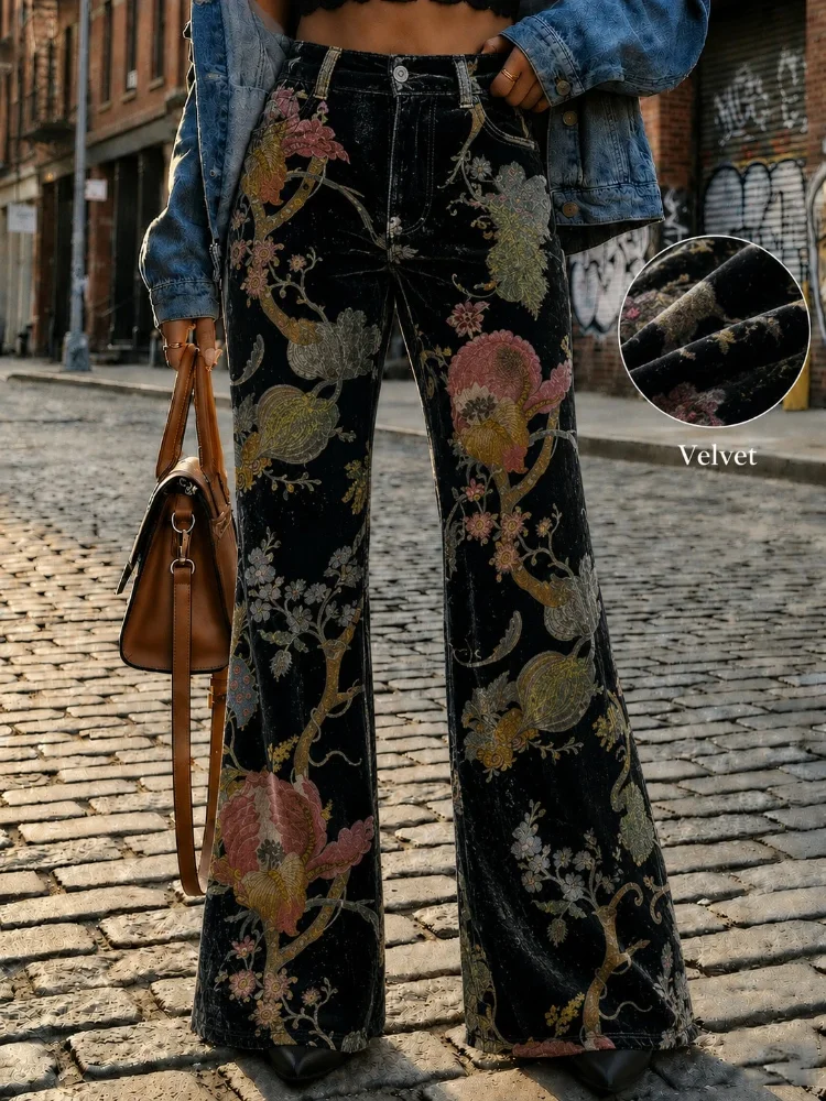 Women's Black Velvet Printed Flare Pants, Featuring vintage Botanical and Floral Prints, with a High-Waist Design, Presenting an Elegant Bohemian Style. These Are Casual Pants Suitable for Daily Wear in Autumn and Winter.
