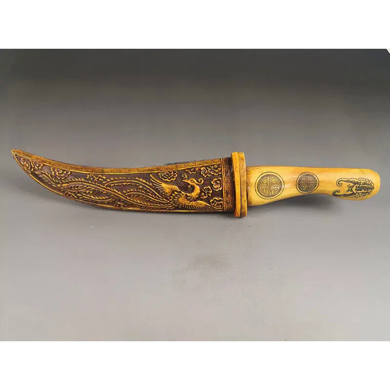 Rare ancient Chinese Hand Carved Buffalo Bone knife dragon and phoenix