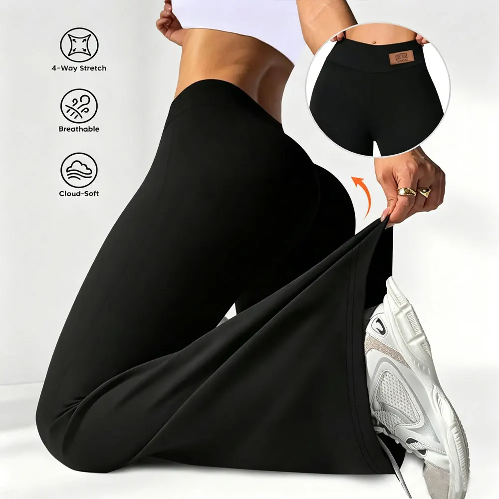 

A Spring Women's Black Casual Pants With A Slightly Flared Design And High Waist Elasticity, Suitable For Casual Sports And Yoga
