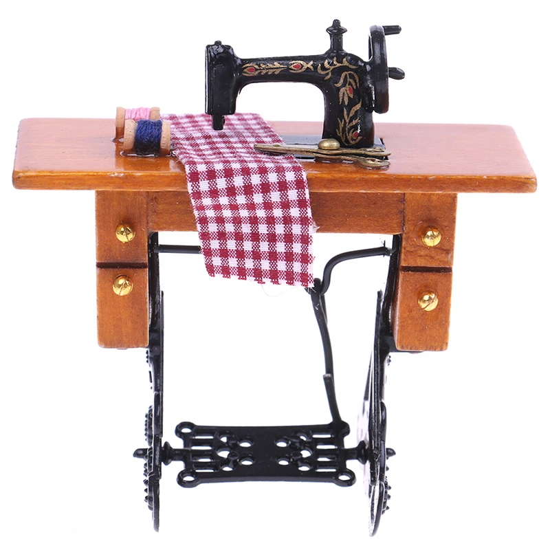 Vintage máquina de costura brinquedo acessórios para crianças, Dollhouse decoração, mobiliário em miniatura, fingir brinquedos, 1:12