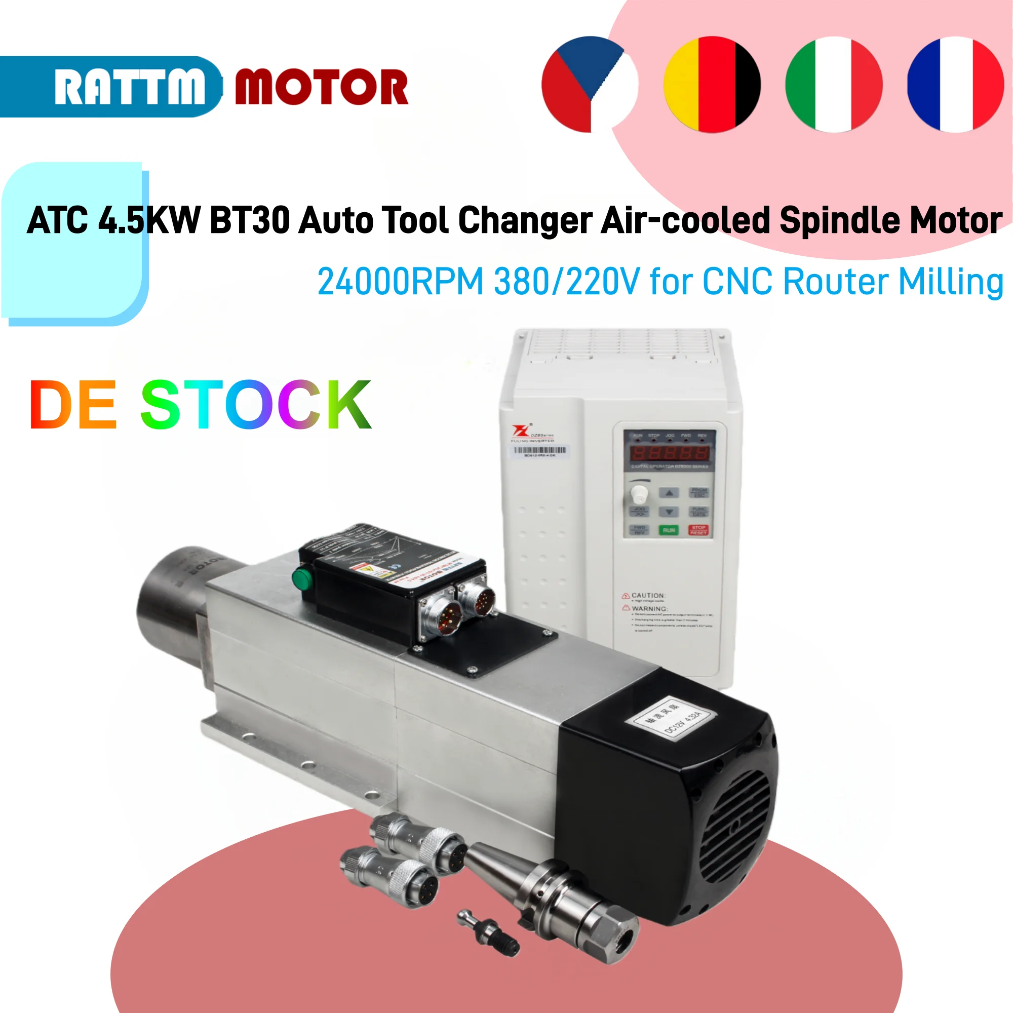 

【EU / US Stock】4.5KW ATC Automatic Tool Change Air Cooled Spindle Motor BT30 24000rpm & 5.5KW Fuling Inverter VFD 220V or 380V