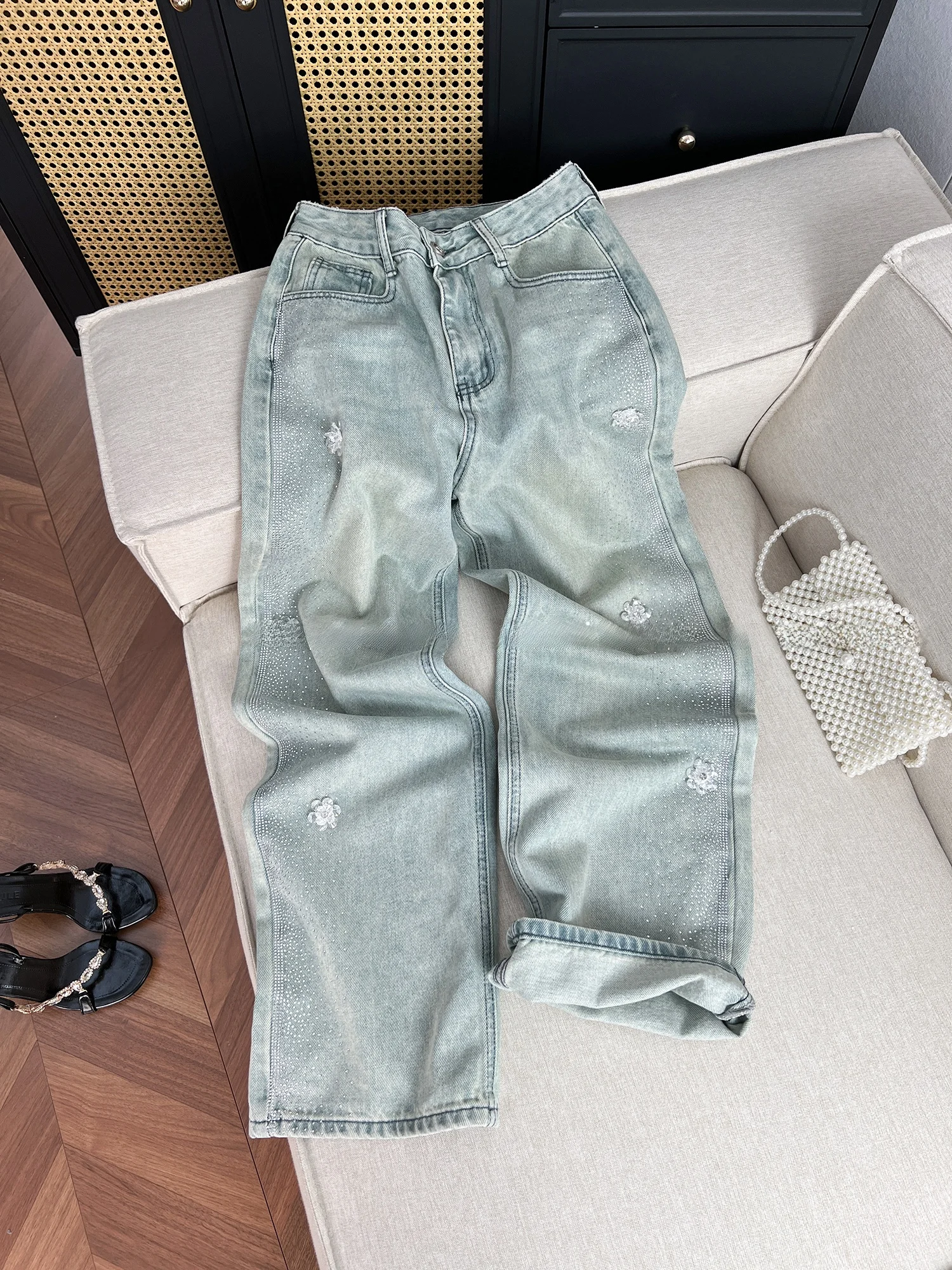 

Korean Sle Faionable Summer New Straight Leg Wide Leg Pants High Waist Loose Fit Women's Jeans Blue Color Versatile Season