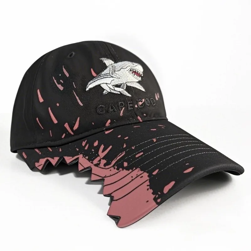 Cappellino da Baseball con Ricamo Squalo, Effetto Invecchiato, Trendy Streetwear, Protezione Solare, Traspirante, Leggero, Unico