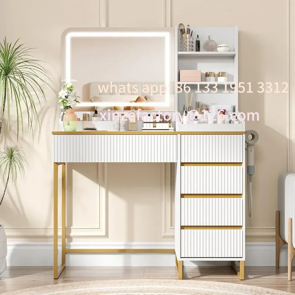 

Customizable Vanity Desk with Mirror and Lights, Makeup Vanity with Power Outlet, 3 Color Adjustable Brightness Dressing Ta