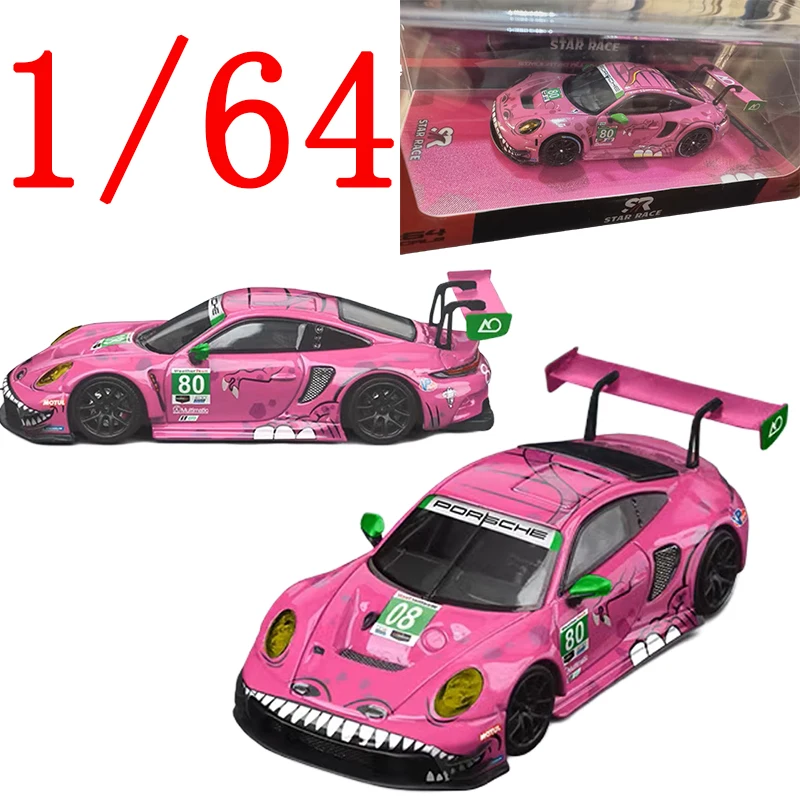 

Литая под давлением модель автомобиля Porsche из сплава в масштабе 1/64 Porsche 911 GT3 R 80 # Розовые игрушки для мальчиков, подарочная оригинальная коробка