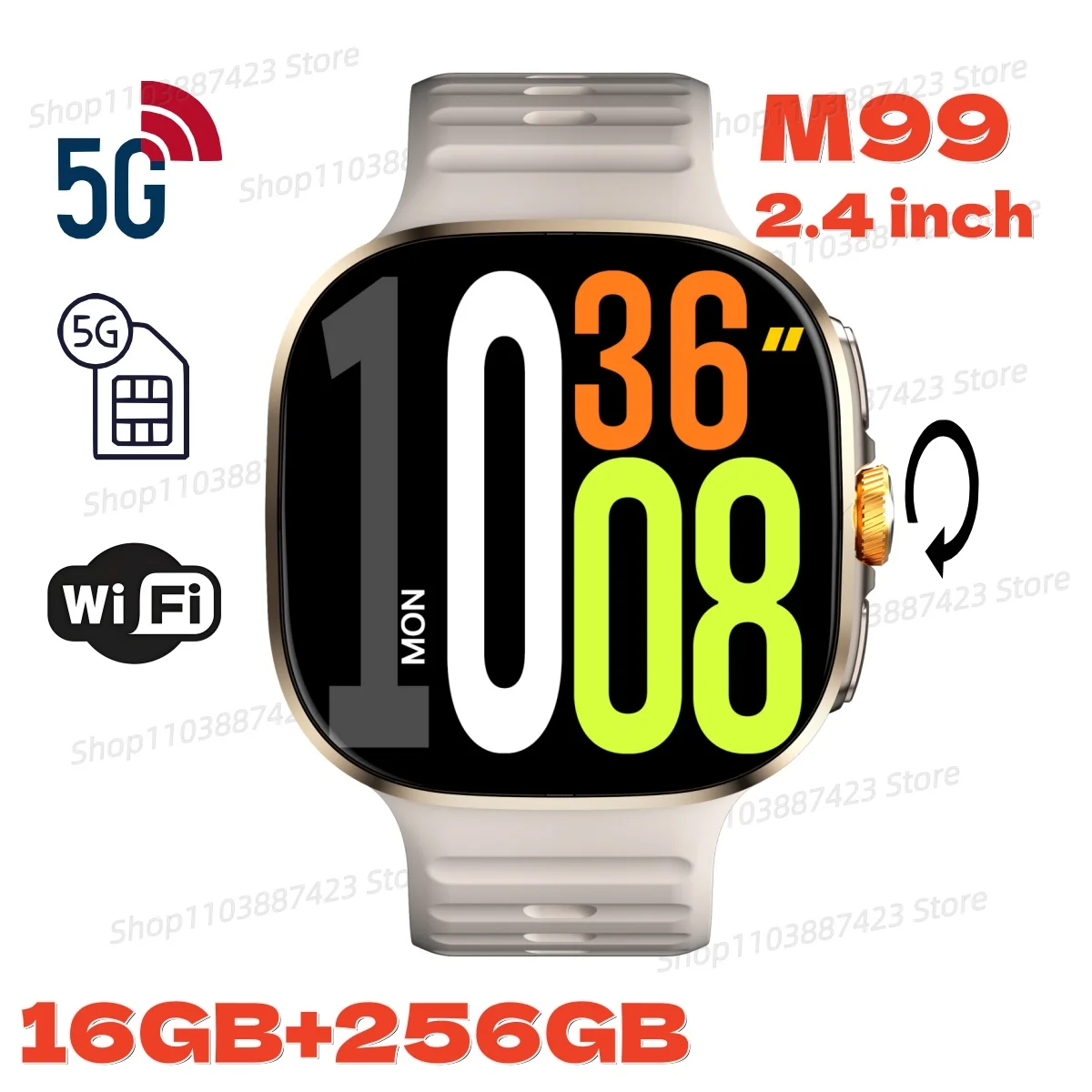 

2026 New M99 Smartwatch Global Version 2.4 Inch AMOLED Screen Insert Sim Card GPS WiFi 190° Rotating Camera Game Android 10.0