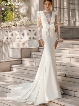Abito da sposa modesto a maniche lunghe con collo alto e paillettes scintillanti Appliques Abito da sposa Abito da sposa a sirena personalizzato Robe De Mariée