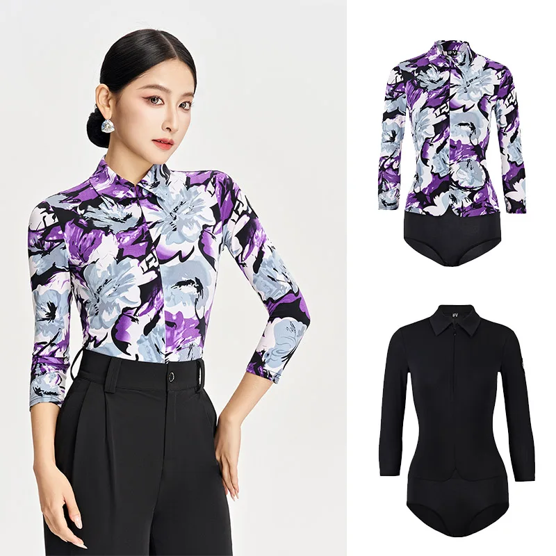 Topy do tańca latynoamerykańskiego dla kobiet z długim rękawem, koszula z kwiatowym wzorem, body, odzież do ćwiczeń tańca latynoamerykańskiego, kostiumy do tańca towarzyskiego DN22369 (2025)