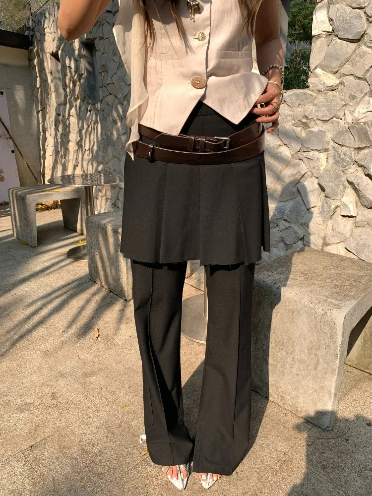 【MAR】Women Fake Two-Piece Pleated Hem Casual Pants Black Slim Fit Versatile Slit Long Trousers