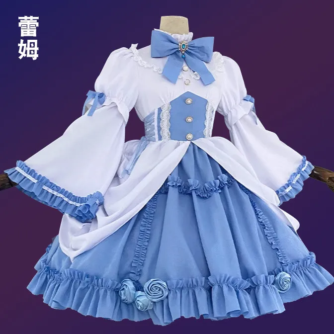 

Rem Blue White Gothic Dress Comic Re:Life in A Different World From Zero Cosplay Suits Animation Carnival