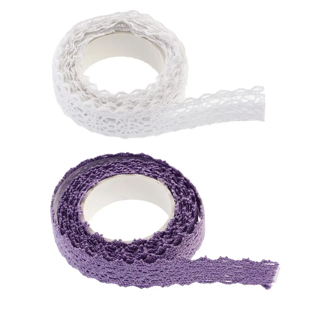 2 Yards Knit Crochet Fabric Lace Tape Washi Masking Tape Sticker Roll Self Ribbon Tape - 15mm Width - White/Purple