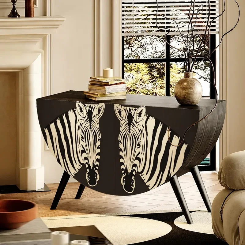 Abstract Zebra Pattern Solid Wood Round Cabinet Entryway Decorative Art Storage Unit for Living Room Tea and Household Items