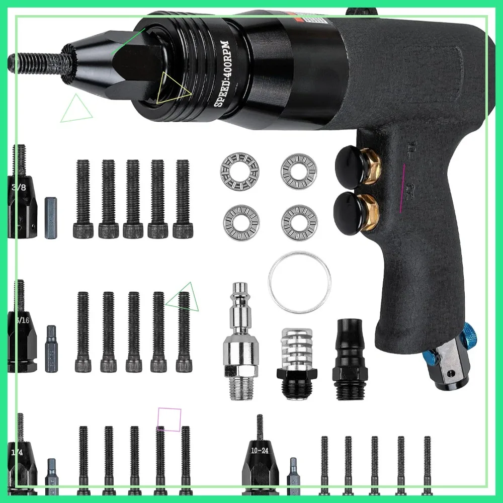 

Pneumatic Rivet Nut Gun with 10-24, 1/4, 5/16, 3/8 Self-Locking Heads, Adjustable Speed, Quick-Change, 6 Mandrels