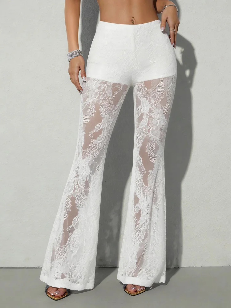 Sexy Hollow Out Sheer Lace Flared Pants for Women 2026 Fashion Thin High Waisted Bell Bottom Trousers Ladies Bootcut Leggings