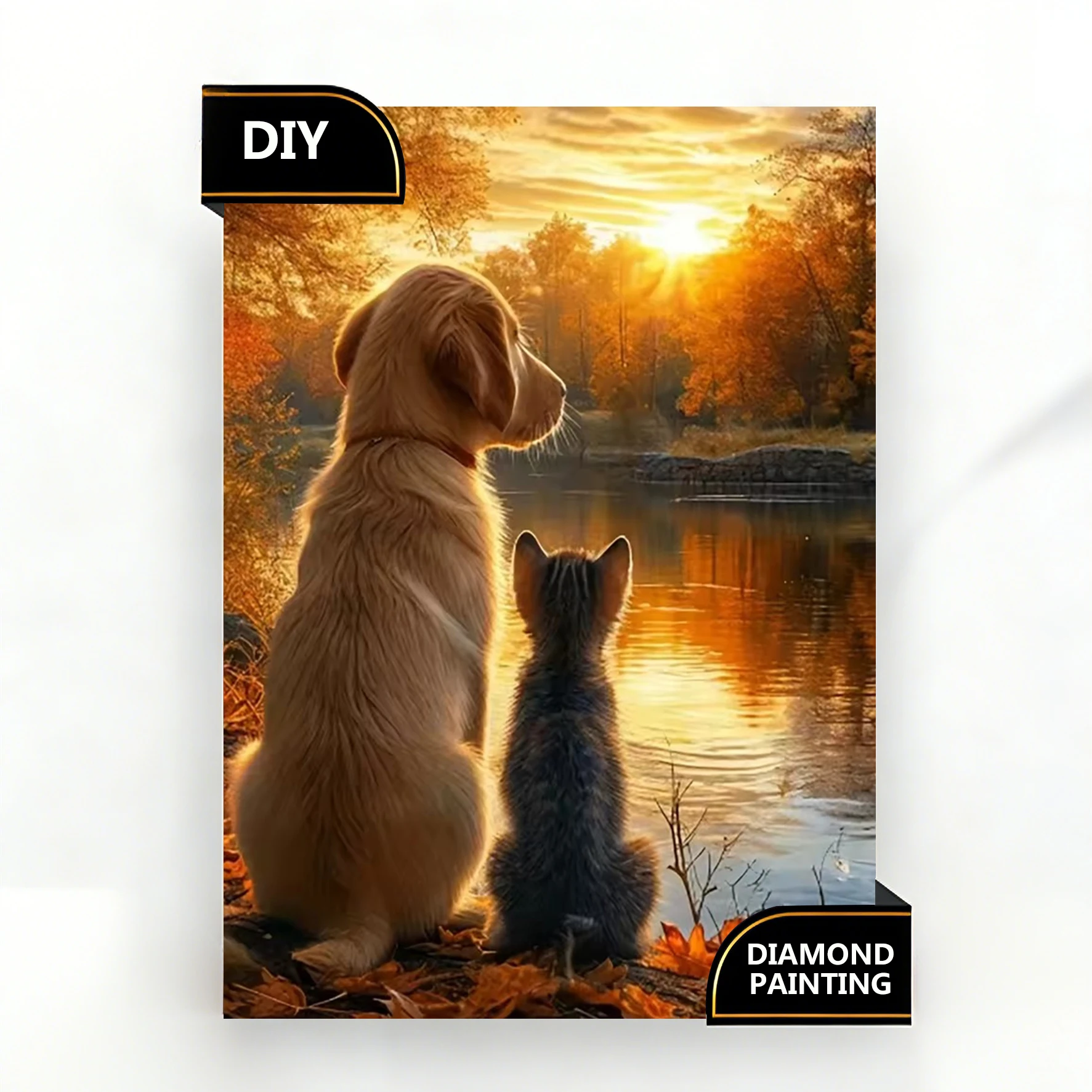 AZQSD Diamant-Mosaik Hund Katze Tier Sonnenuntergang Gemälde Harz Quadratische Runde Perlen Bild Strass 5D DIY Wanddekoration