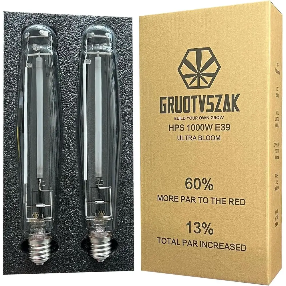 

Лампа для растений HPS 1000 Вт E39, увеличение светового потока на 60% в красном спектре, 1950 мкмоль, 136000 лм, Ultra Bloom, высоконапорный натрий, 2 шт.
