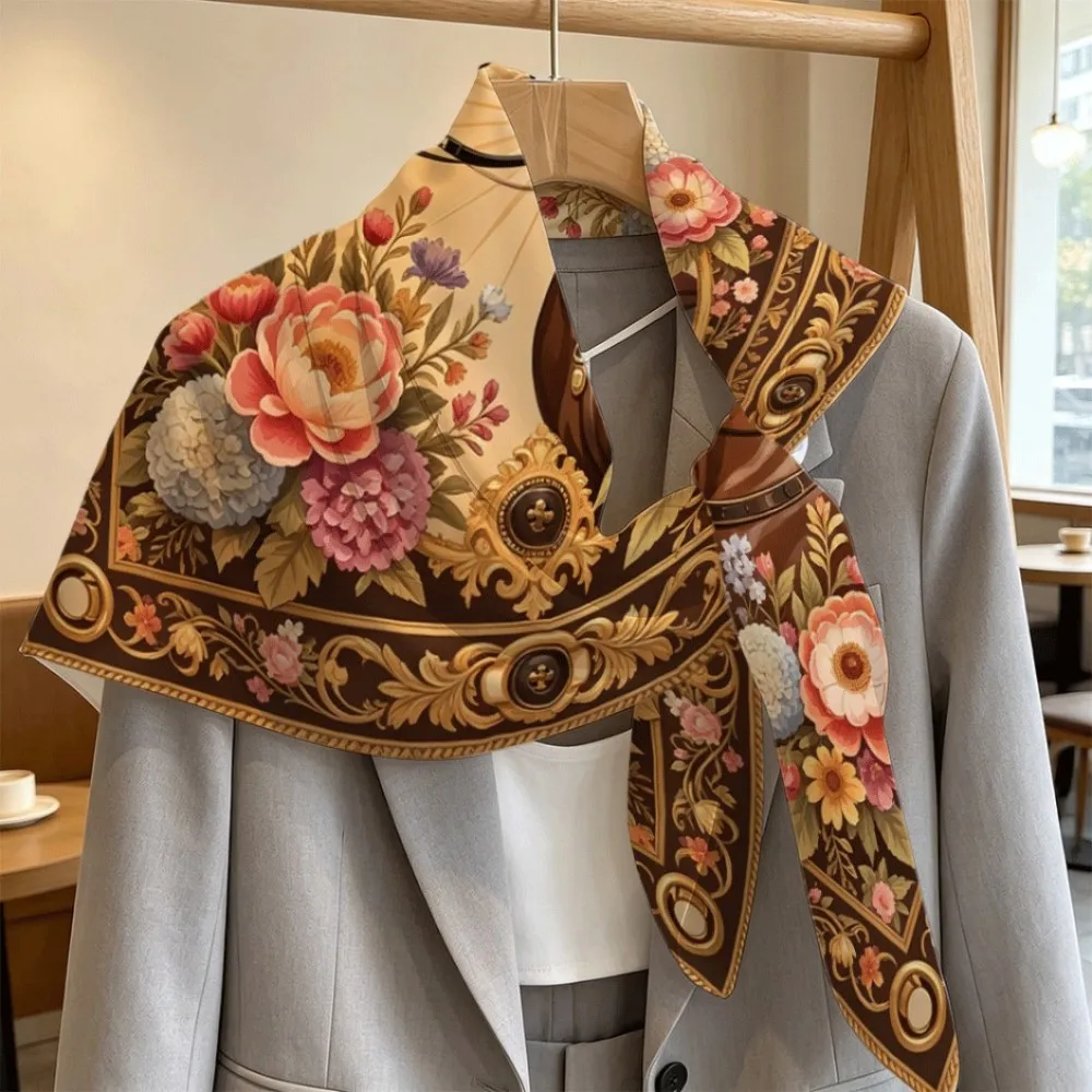 Horse Floral Golden Ornate Design Women Border Print Square Scarf, Stylish Multi-use Accessory Gift